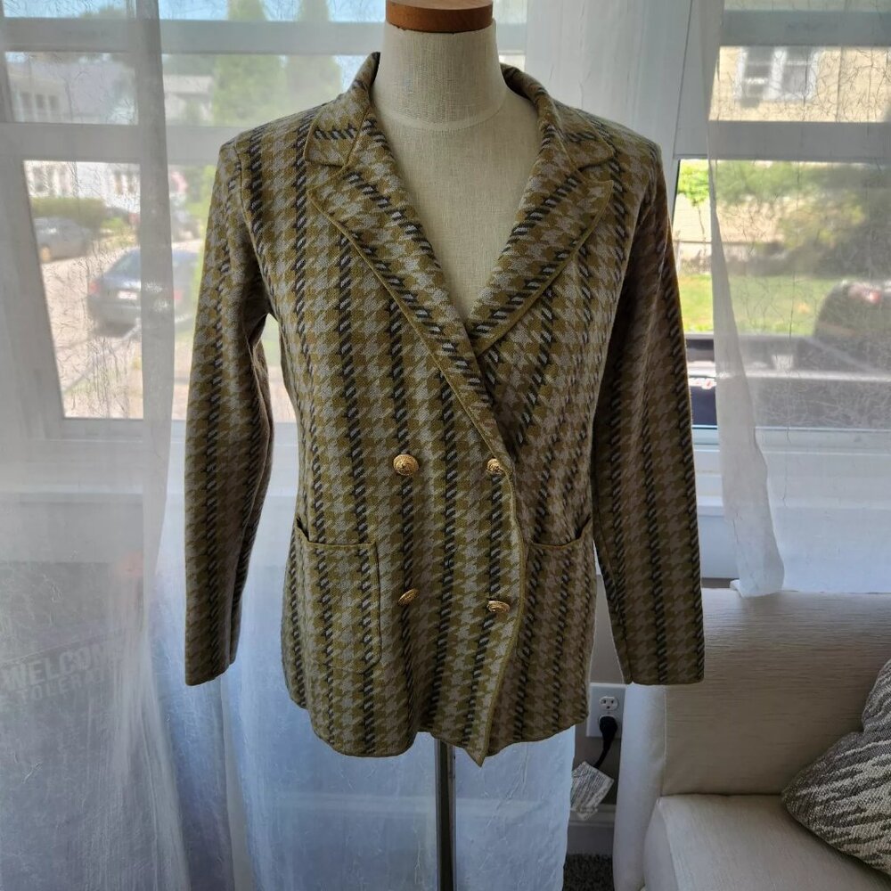 Joie Blazer Sweater Jacket Women's M Green Houndstooth Double Breasted
